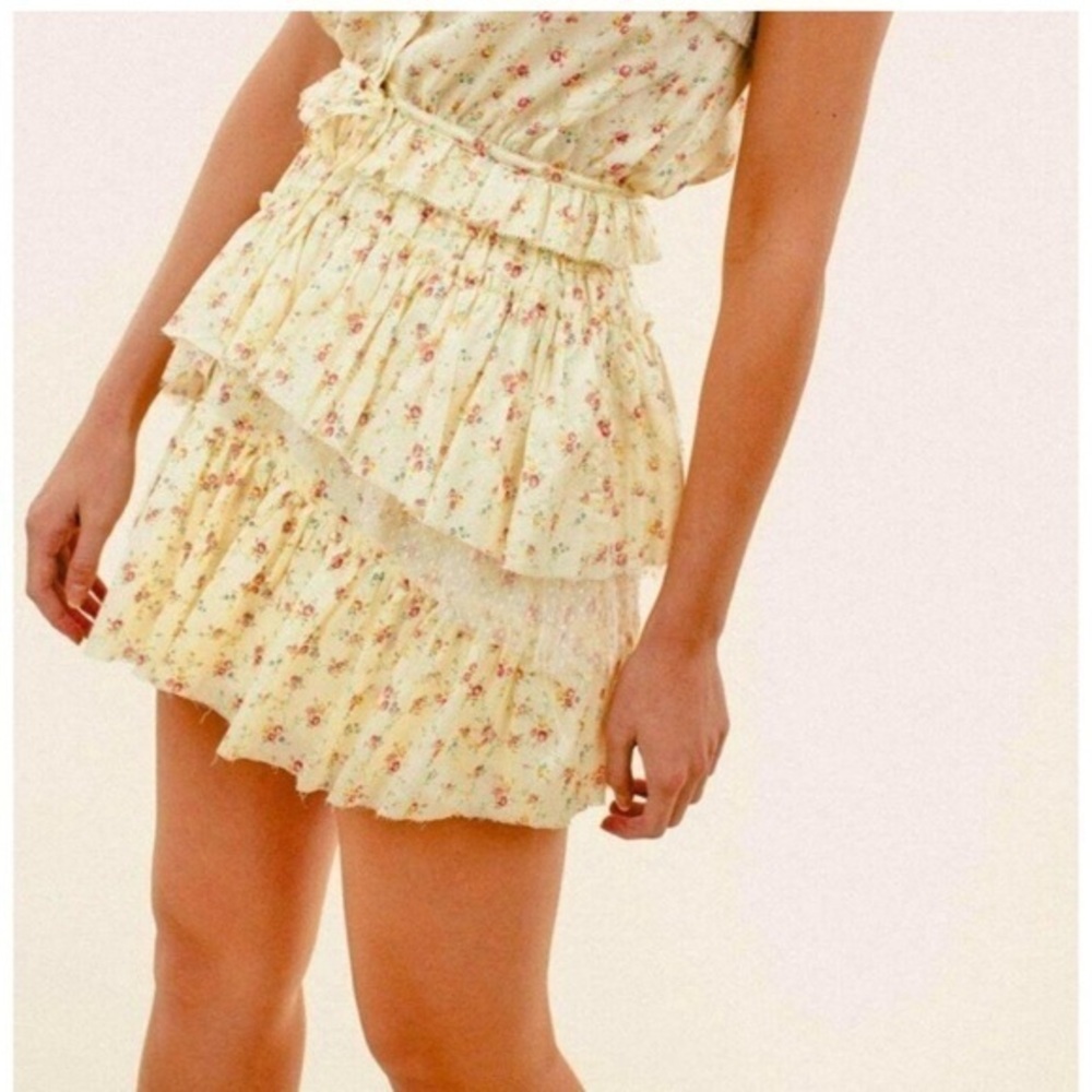 LoveShackFancy Skirt Genevieve Mini Tiered in Yellow Floral